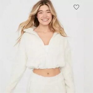 Aerie Offline White Fluff Teddy Cropped Sherpa Full Front Zip Medium Oversized